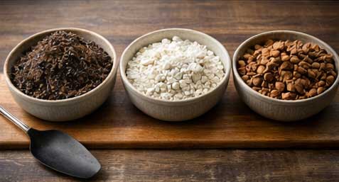 Bowls of potting soil, perlite, and bark for an airy houseplant soil mix.