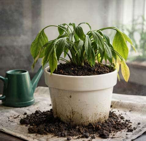 Droopy houseplant showing signs of overwatering.