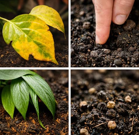Side-by-side comparison of healthy roots and rotting roots.