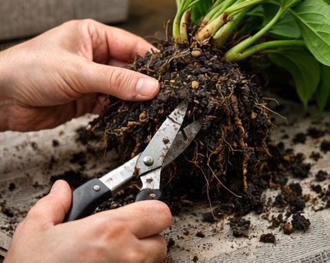 Close-up of pruning scissors trimming damaged roots.
